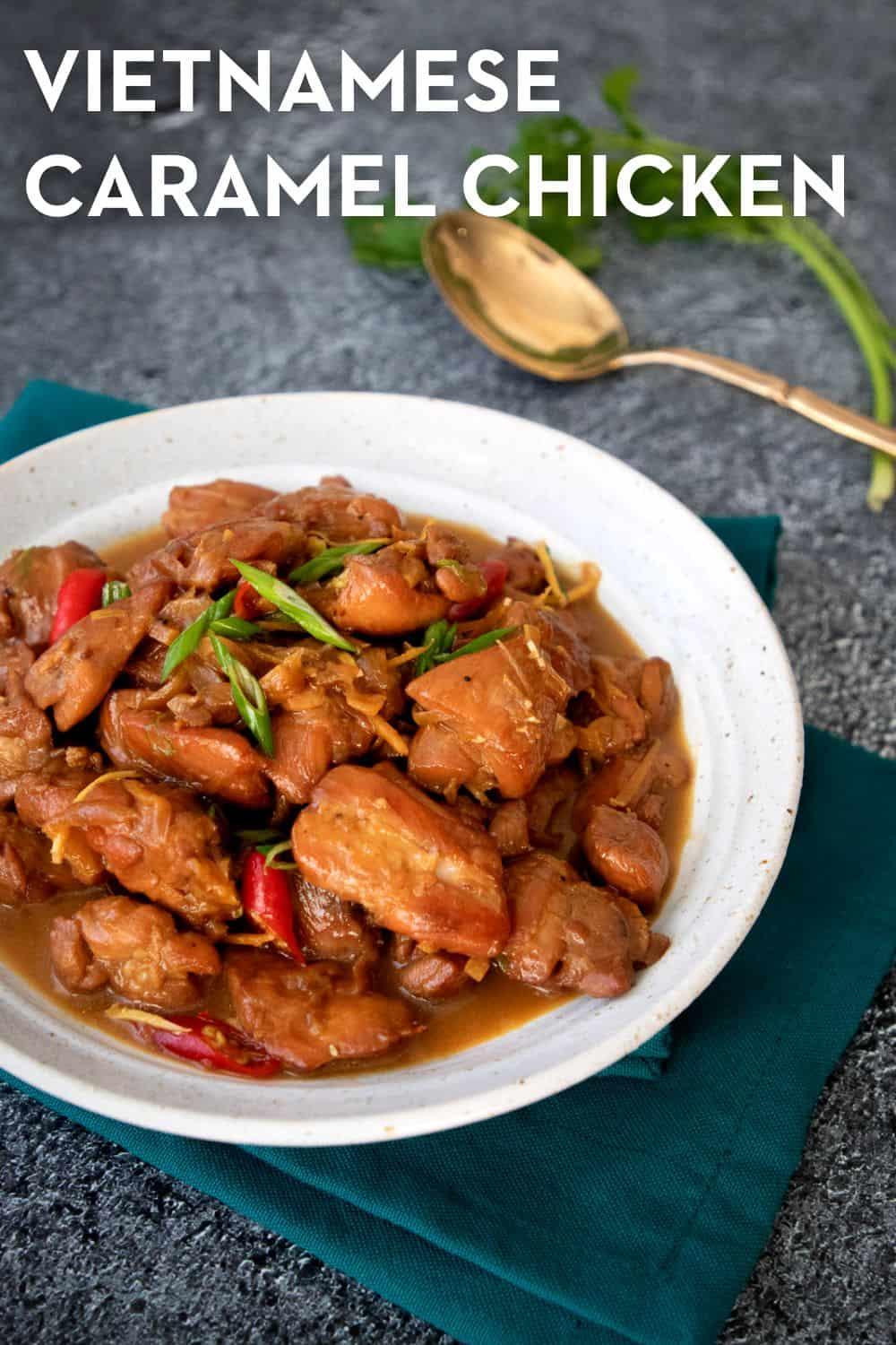 a plate of caramel chicken with a bowl of rice on the side