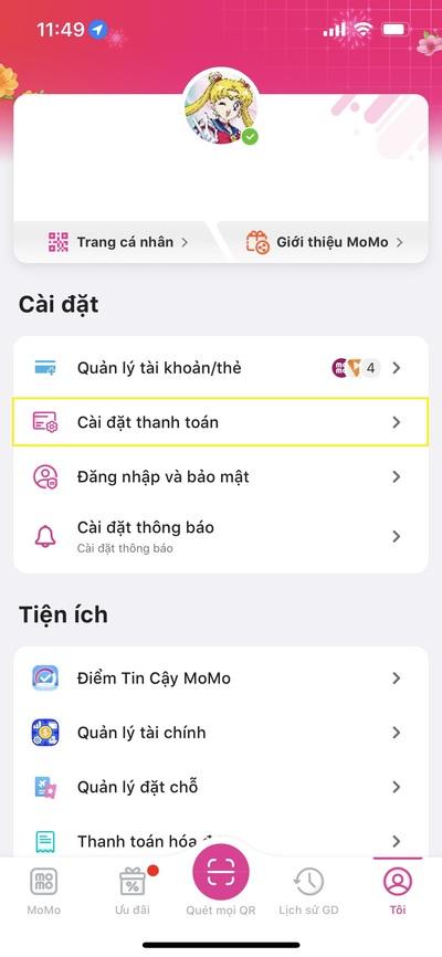 Bước 1: Đăng nhập MoMo ở mục "Tôi" > chọn Cài Đặt Thanh Toán.