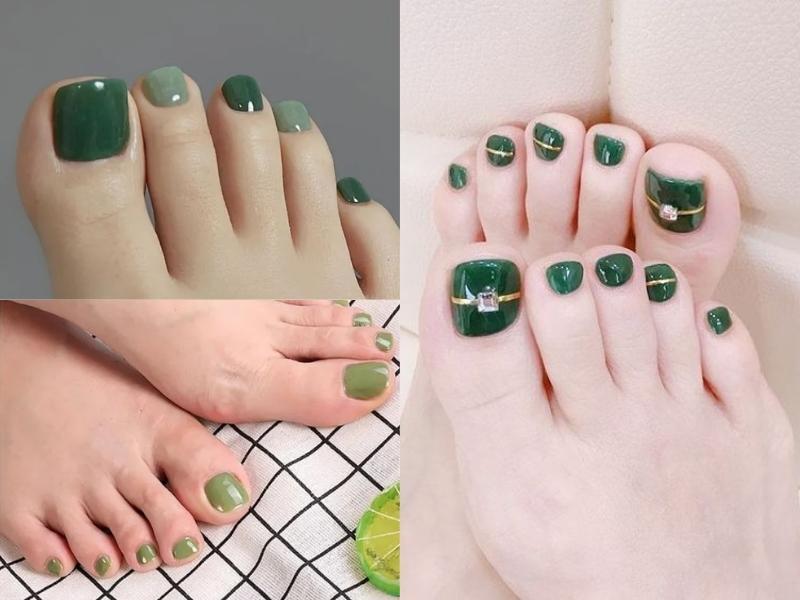 20+ nail móng chân đẹp màu xanh rêu cá tính, thời thượng