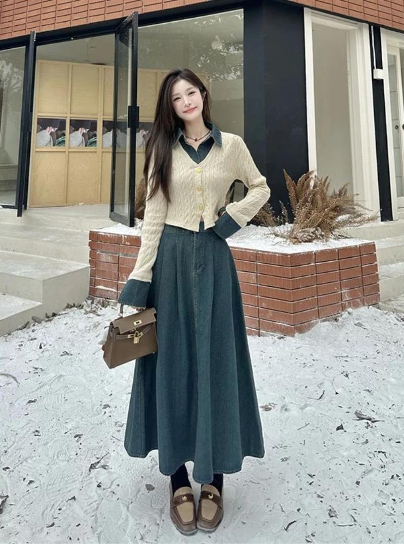 phối đồ với chân váy jean dài mùa đông