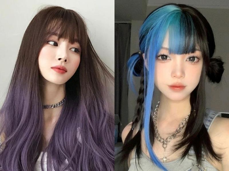 Tóc 2 màu xanh và tím phối đen