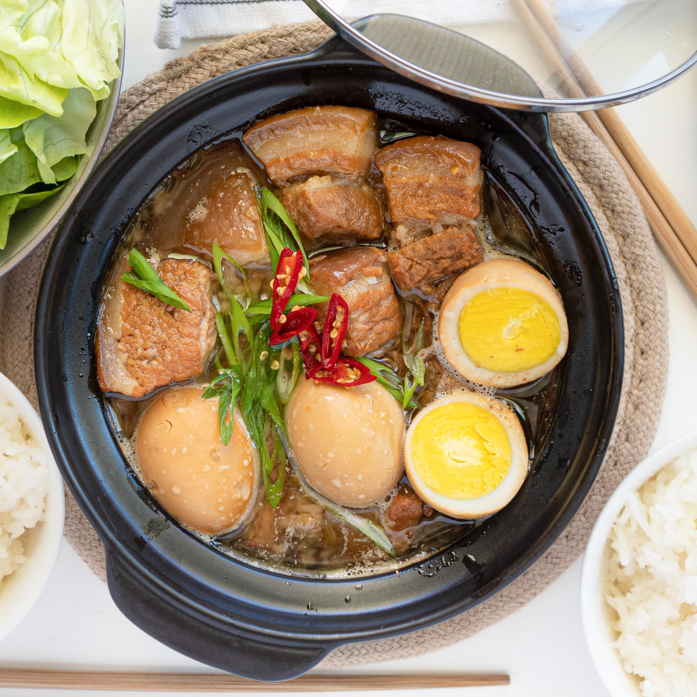 Thịt Kho Trứng (Vietnamese Braised Pork Belly with Eggs) Served with Steamed Rice