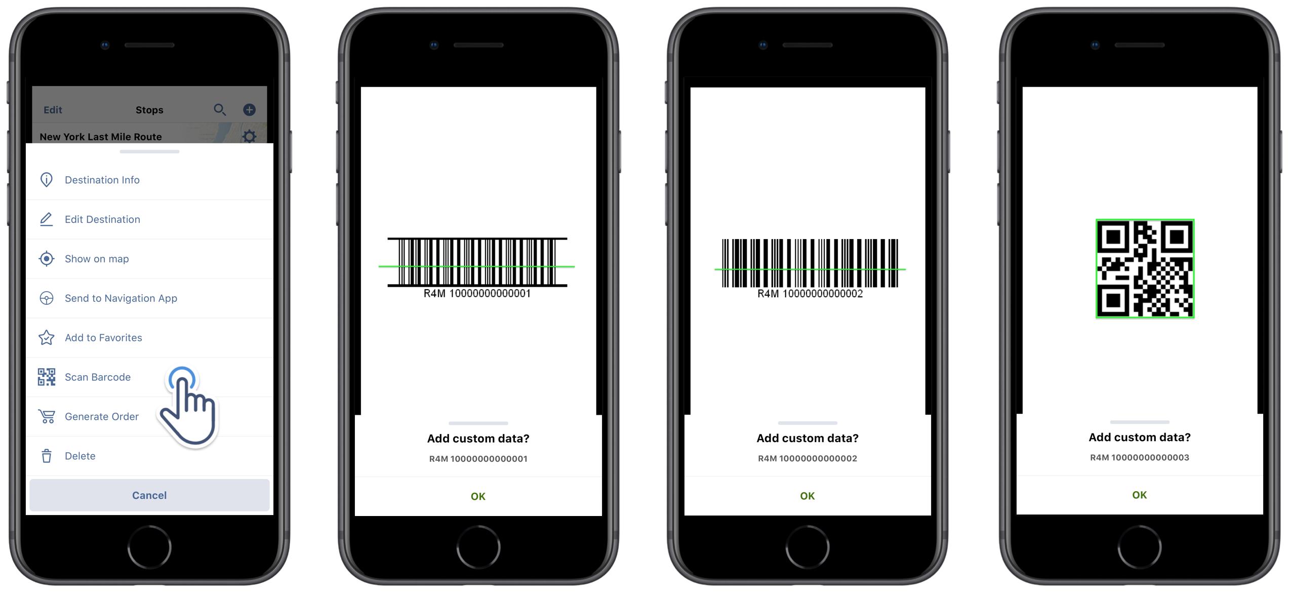 Máy quét mã vạch trên ứng dụng Định tuyến trên iOS của Route4Me có thể quét nhiều loại mã vạch.