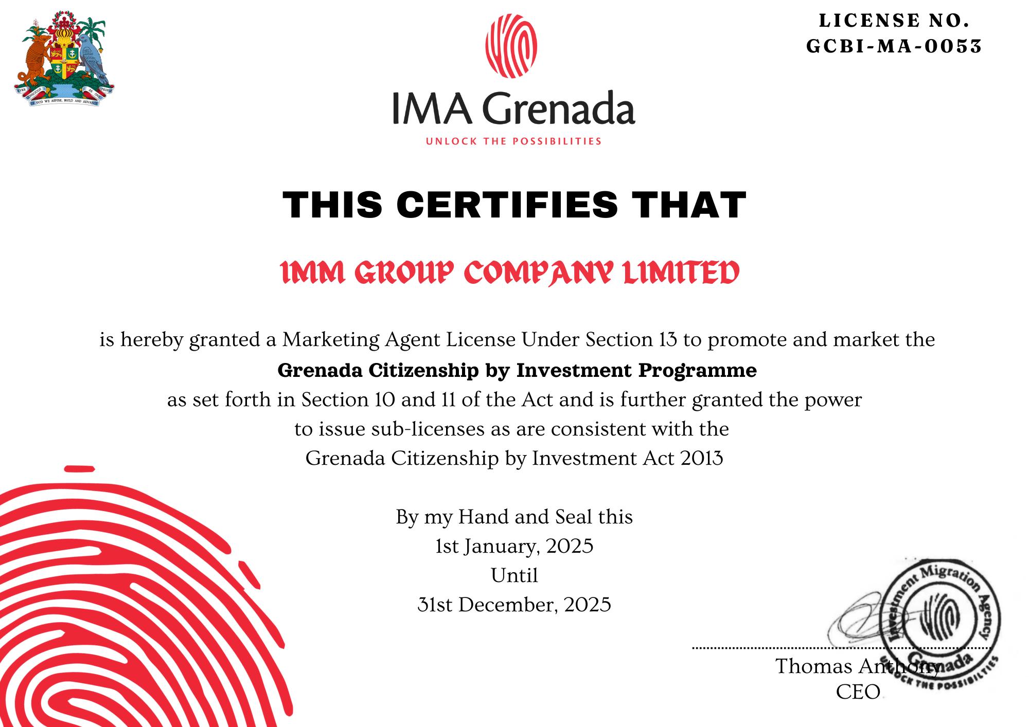 IMM Group - 5 năm liên tiếp là công ty Việt Nam đầu tiên và duy nhất được cấp phép tư vấn chương trình đầu tư quốc tịch Grenada