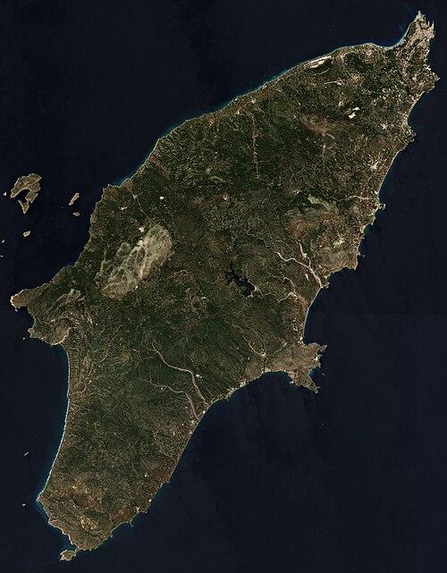 General view of the village of Lindos, with the acropolis and beaches, island of Rhodes, Greece.